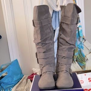 Hightail grey suede boot 4 buckle sweater trim